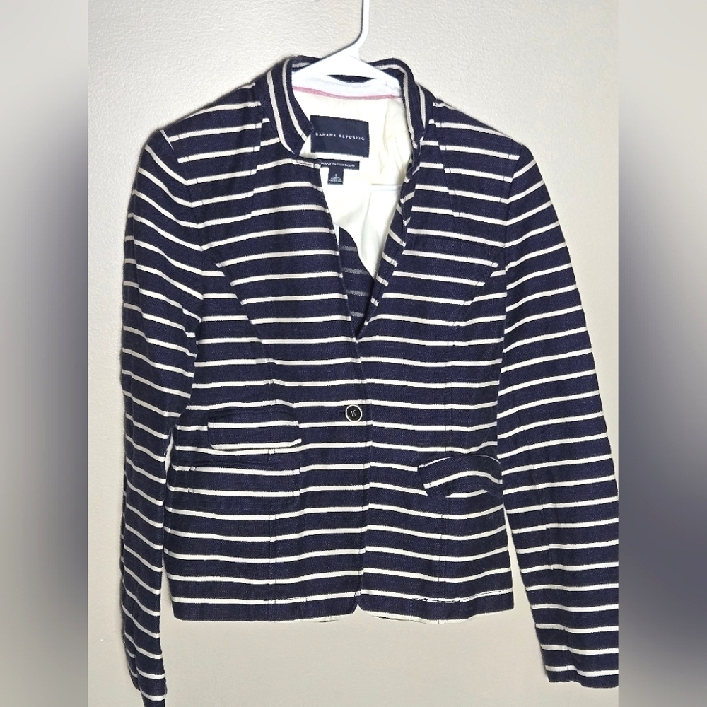 Women's Banana Republic Navy Striped Linen Blend Preppy Academia‎ Blazer, Size 6
